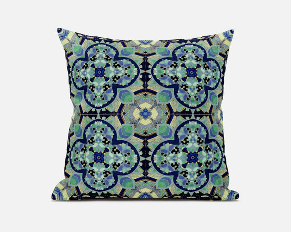 16” Aqua Indigo Cloverleaf Boho Zippered Suede Throw Pillow