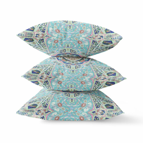 16” Aqua Blue Floral Geo Indoor Outdoor Throw Pillow