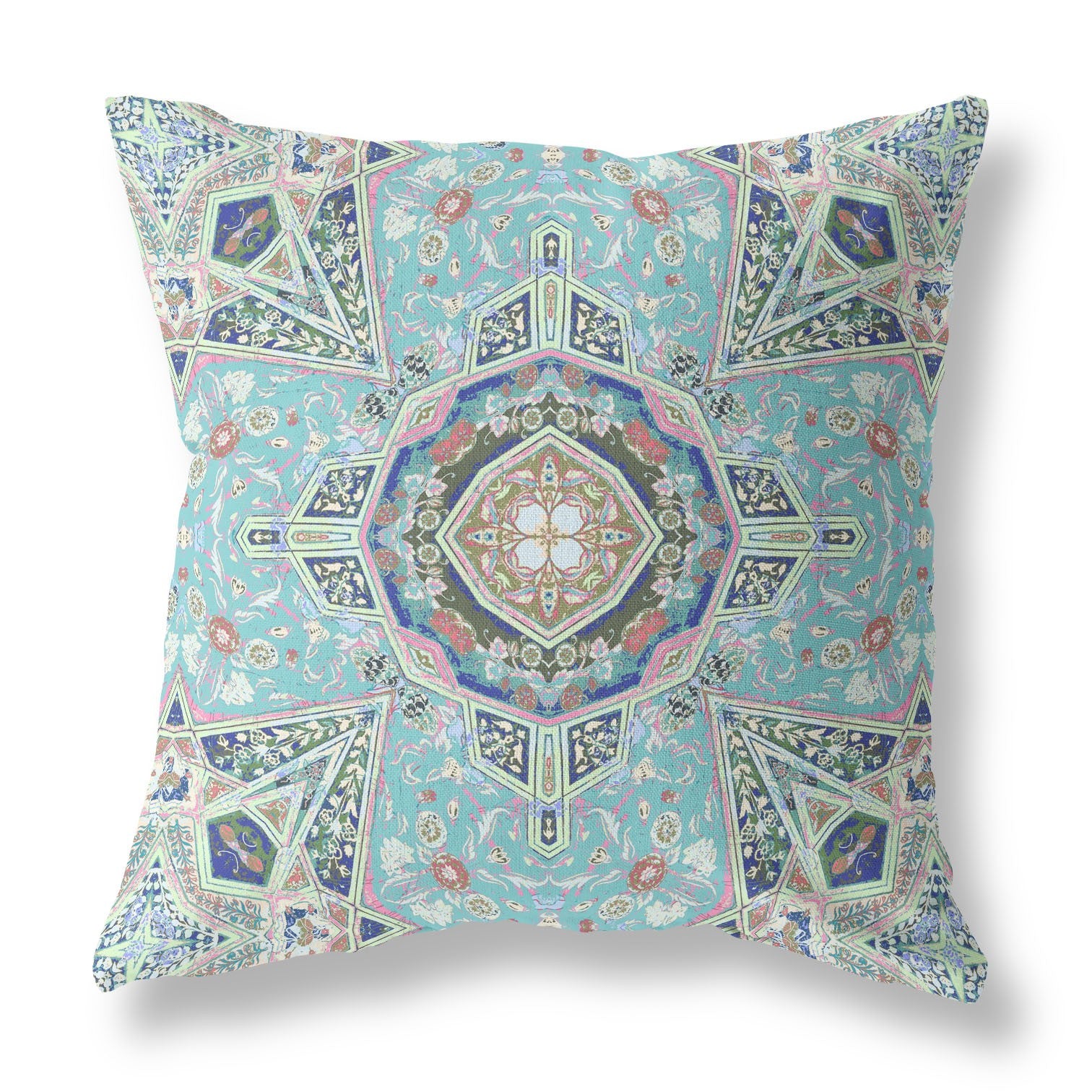 18” Aqua Brown Floral Geo Indoor Outdoor Throw Pillow