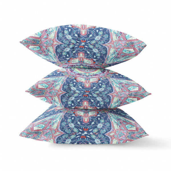 16” Blue Pink Floral Geo Indoor Outdoor Throw Pillow