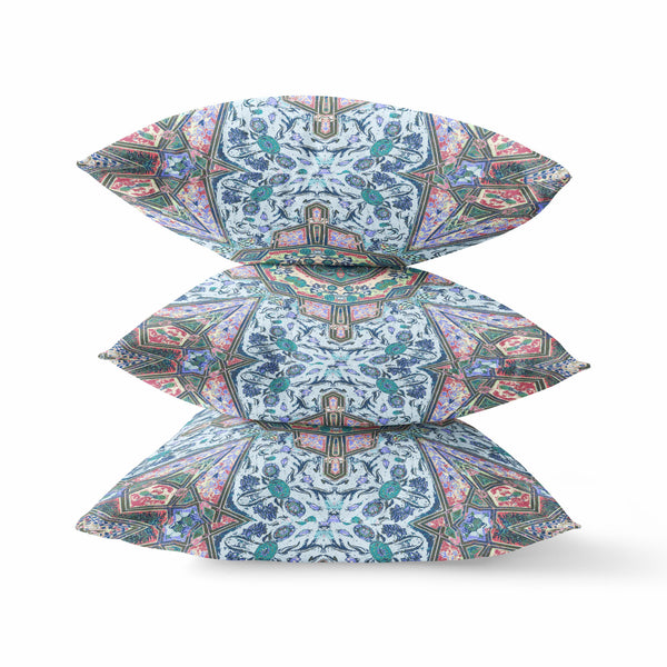 16” Pale Blue Pink Medallion Indoor Outdoor Throw Pillow