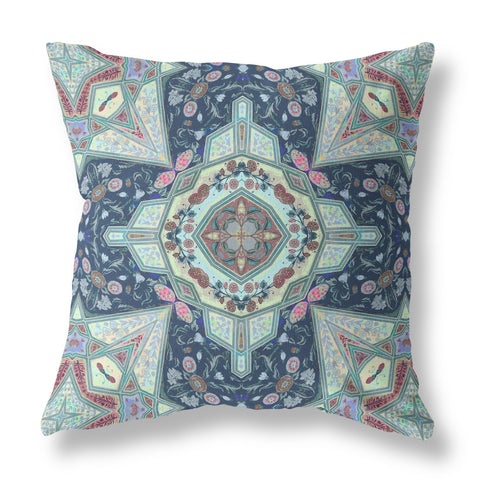 18” Aqua Blue Boho Pattern Indoor Outdoor Throw Pillow