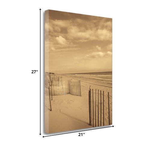 21" Sepia Toned Beach Scene Giclee Print on Gallery Wrap Canvas Wall Art