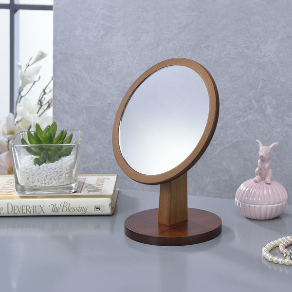 Walnut Finish Round Vanity Mirror on Pedestal