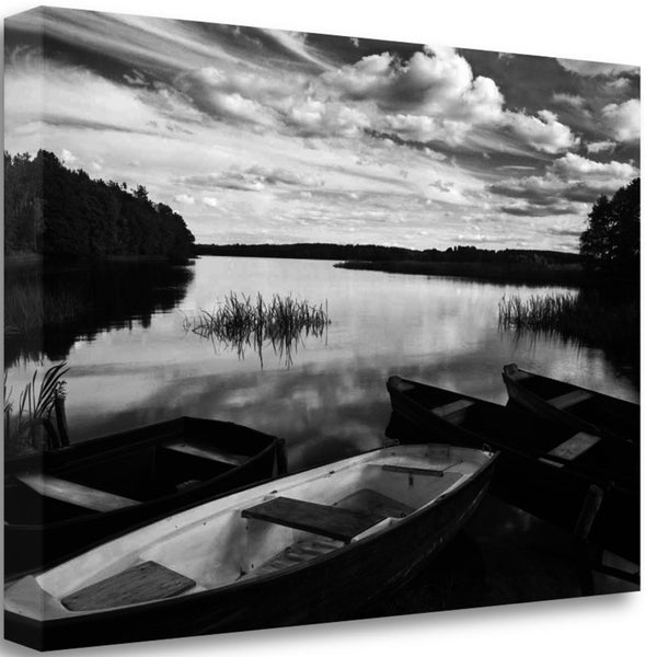 Black and White Boats on Lake 1 Giclee Wrap Canvas Wall Art