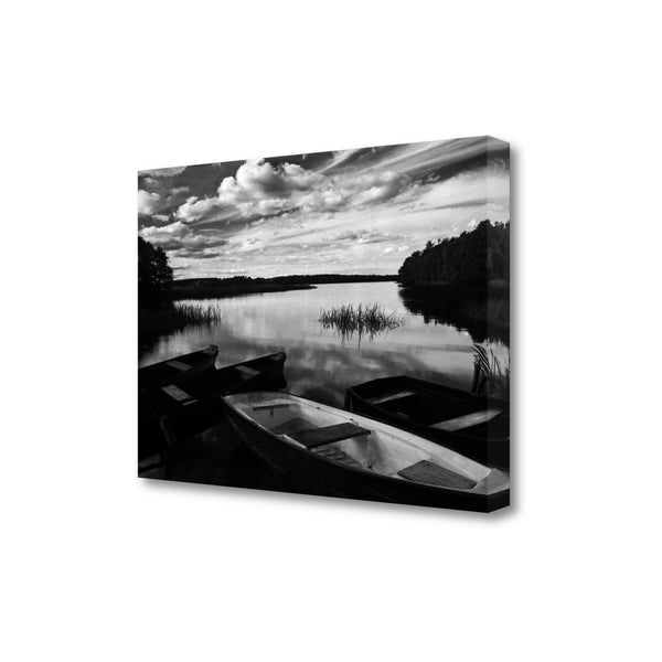 Black and White Boats on Lake 1 Giclee Wrap Canvas Wall Art