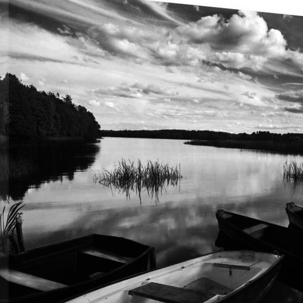 Black and White Boats on Lake 2 Giclee Wrap Canvas Wall Art