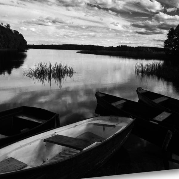 Black and White Boats on Lake 3 Giclee Wrap Canvas Wall Art