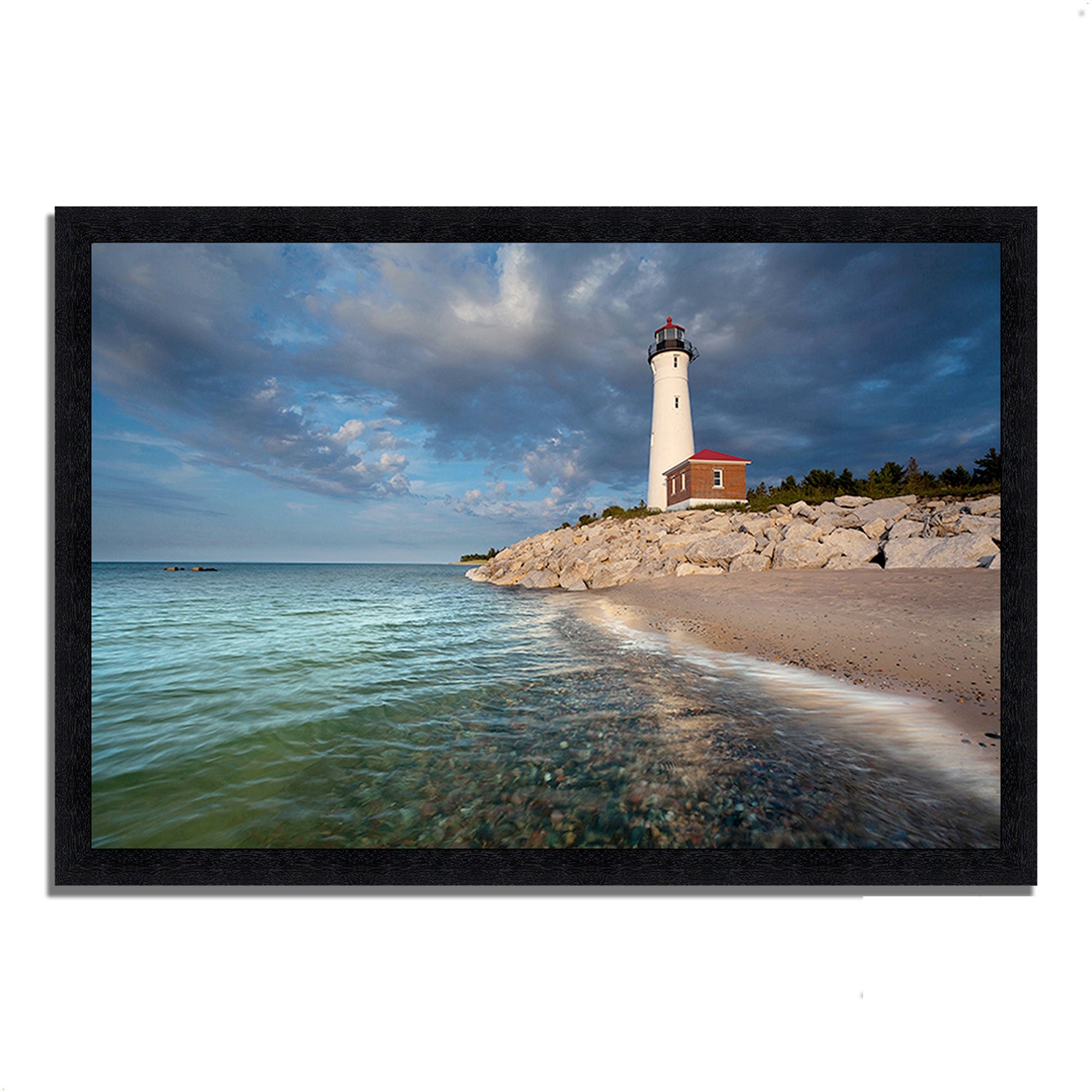 33" White Light House with Ocean 1 Framed Wall Art