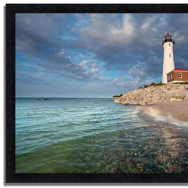 33" White Light House with Ocean 1 Framed Wall Art