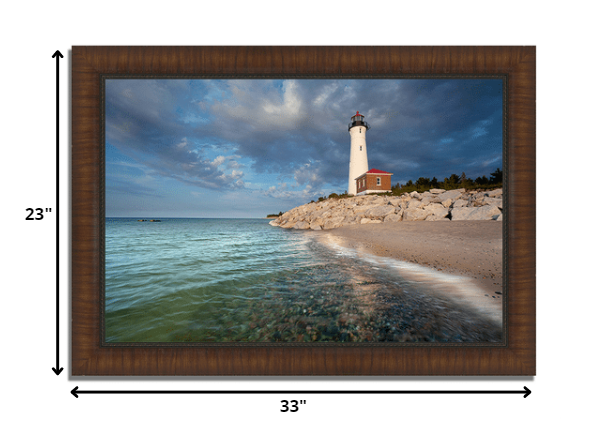 33" White Light House with Ocean 1 Framed Wall Art