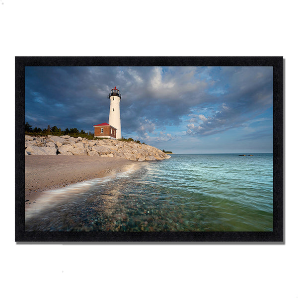 33" White Light House with Ocean 1 Framed Wall Art