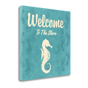 20" Teal Shore Signboard with Seahorse Giclee Wrap Canvas Wall Art