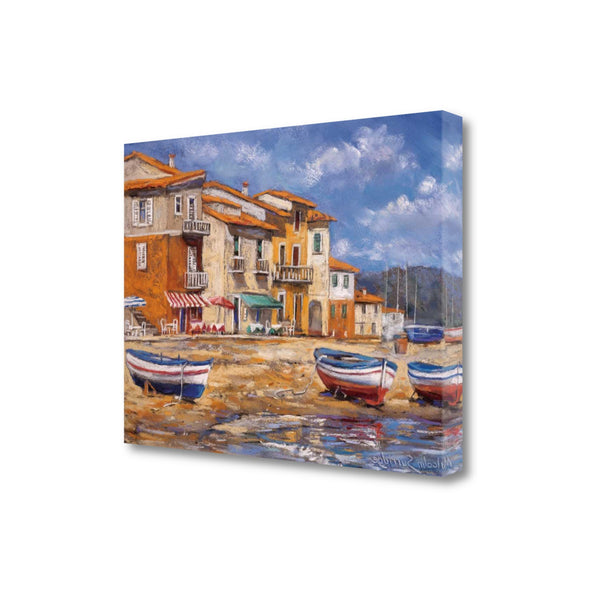 29" Boats Docked Near Cafes Bright Sunny Day Giclee Wrap Canvas Wall Art