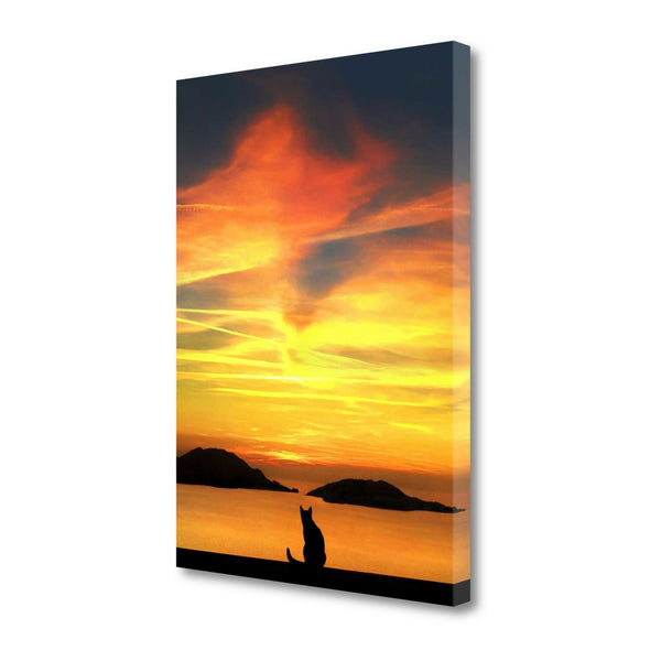 21" Black Cat Watching Sunset 2 Giclee Wrap Canvas Wall Art