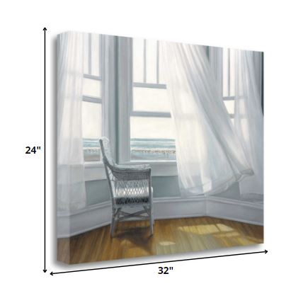 32" Lonesome Single Chair with Flying White Curtains Giclee Wrap Canvas Wall Art