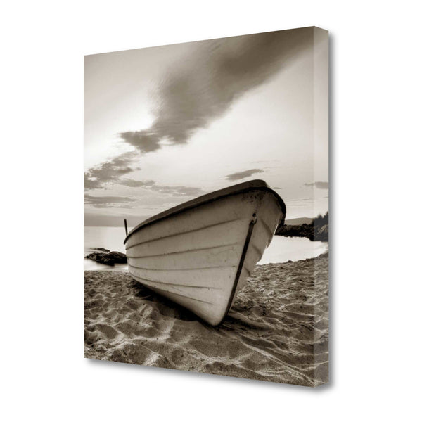 20" Sepia Tone Fishing Boat on the Beach Gallery Wrap Canvas Wall Art