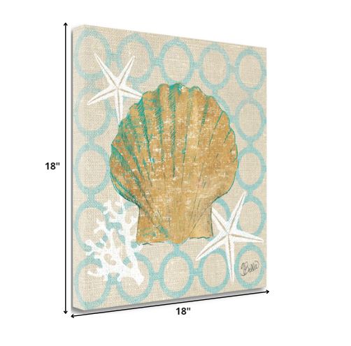 18" Beach Seashell on Linen Giclee Print on Gallery Wrap Canvas Wall Art