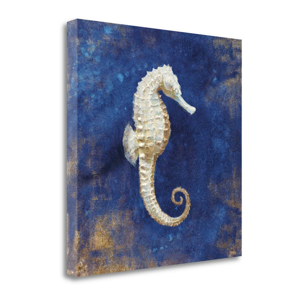 18" Rustic Deep Blue and Gold Seahorse Giclee Wrap Canvas Wall Art