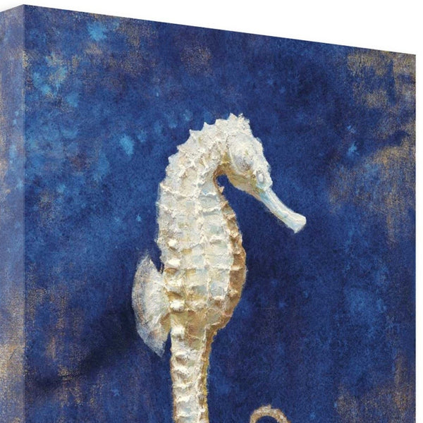 20" Rustic Deep Blue and Gold Seahorse Giclee Wrap Canvas Wall Art