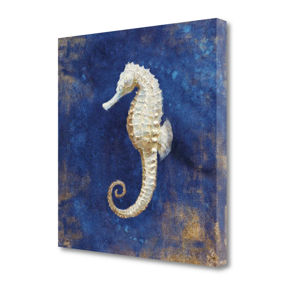 20" Rustic Deep Blue and Gold Seahorse Giclee Wrap Canvas Wall Art