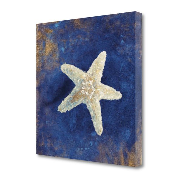 18" Rustic Deep Blue and Gold Starfish Giclee Wrap Canvas Wall Art