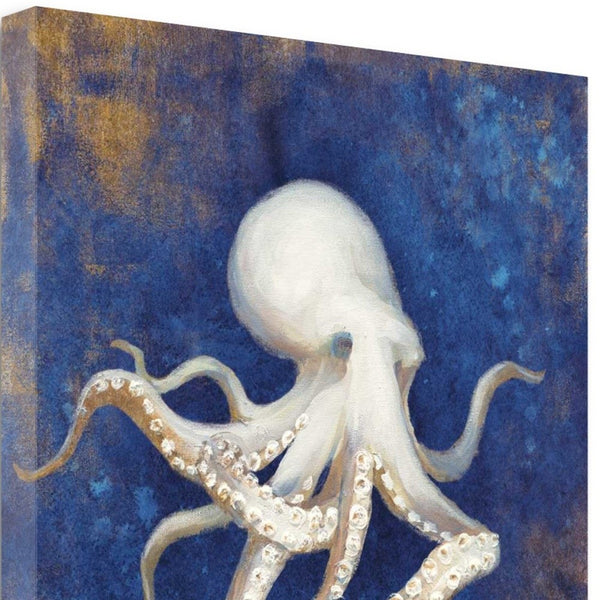 18" Rustic Deep Blue and Gold Octopus Giclee Wrap Canvas Wall Art