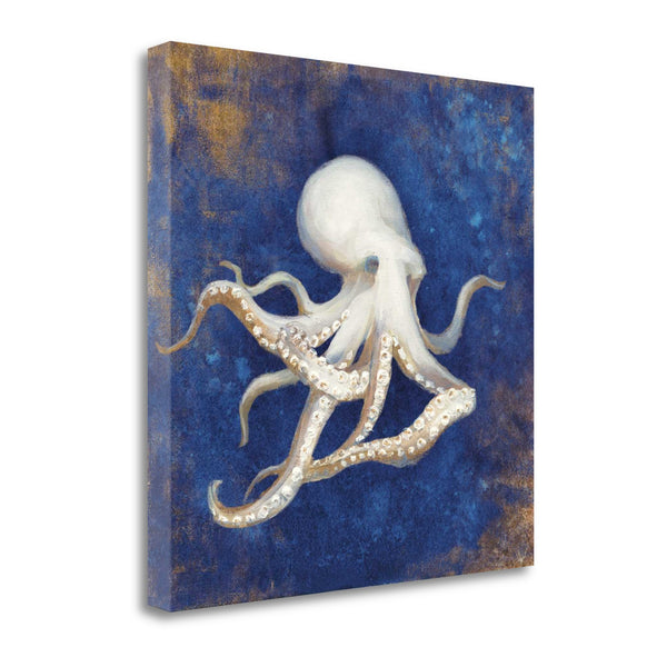 18" Rustic Deep Blue and Gold Octopus Giclee Wrap Canvas Wall Art