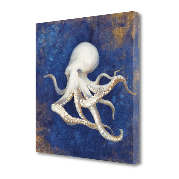 20" Rustic Deep Blue and Gold Octopus Giclee Wrap Canvas Wall Art