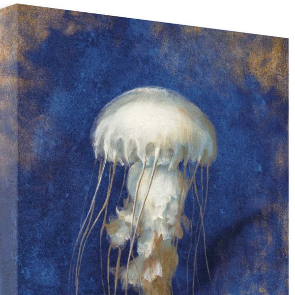 18" Rustic Deep Blue and Gold Jelly Fish Giclee Wrap Canvas Wall Art