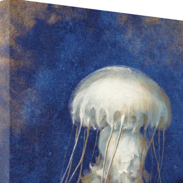 18" Rustic Deep Blue and Gold Jelly Fish Giclee Wrap Canvas Wall Art