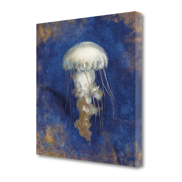 18" Rustic Deep Blue and Gold Jelly Fish Giclee Wrap Canvas Wall Art