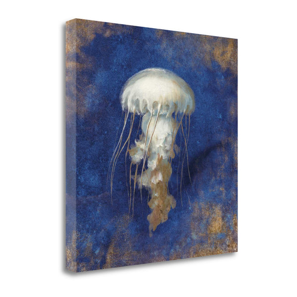 18" Rustic Deep Blue and Gold Jelly Fish Giclee Wrap Canvas Wall Art