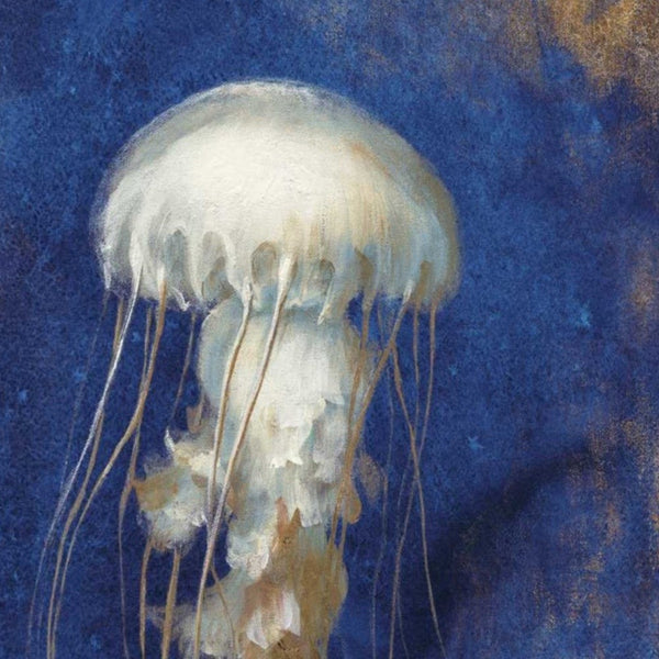 30" Rustic Deep Blue and Gold Jelly Fish Giclee Wrap Canvas Wall Art