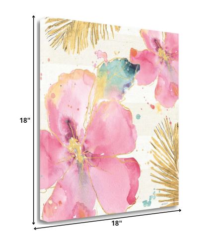 Watercolor Pink Hibiscus Flowers 1 Giclee Wrap Canvas Wall Art