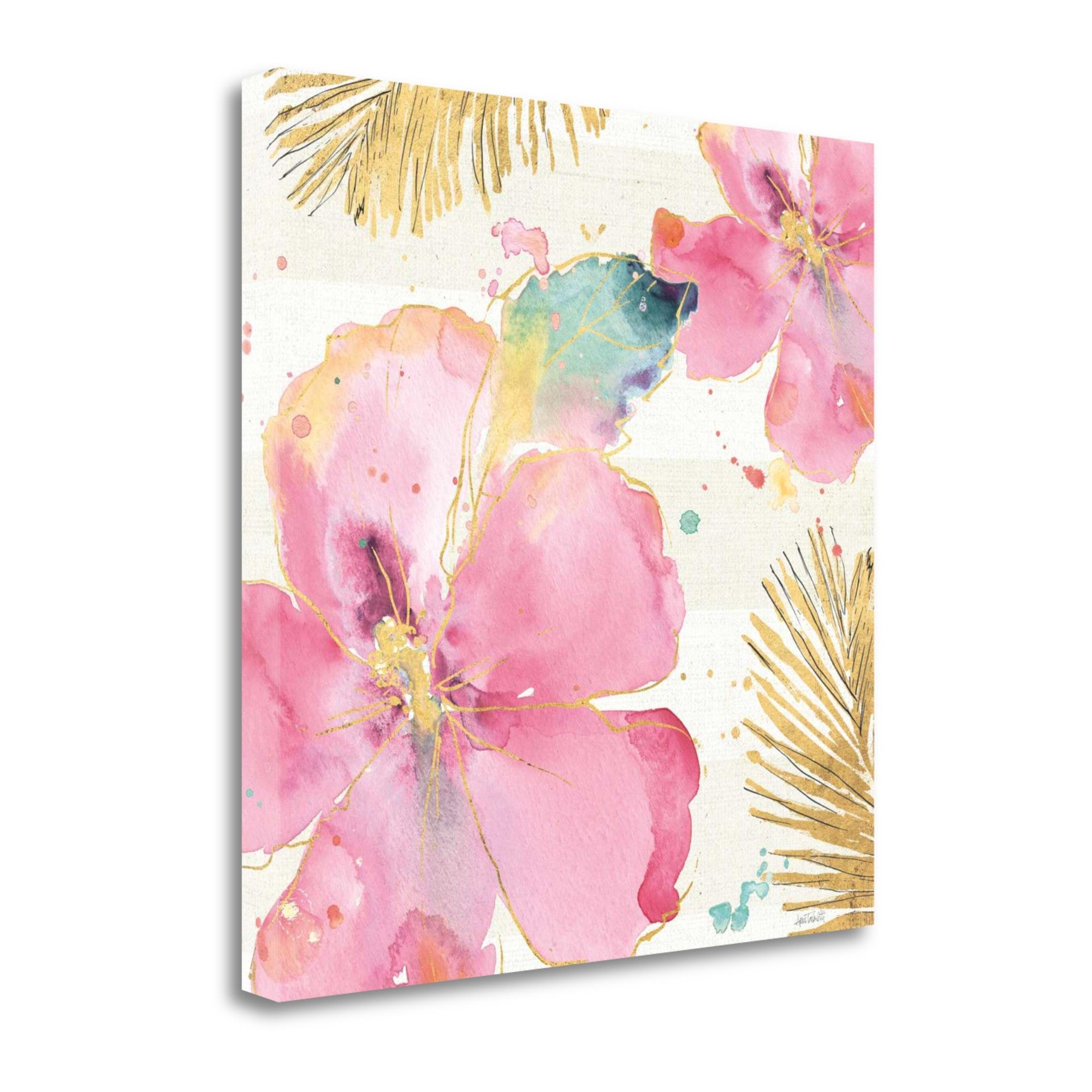 Watercolor Pink Hibiscus Flowers 3 Giclee Wrap Canvas Wall Art