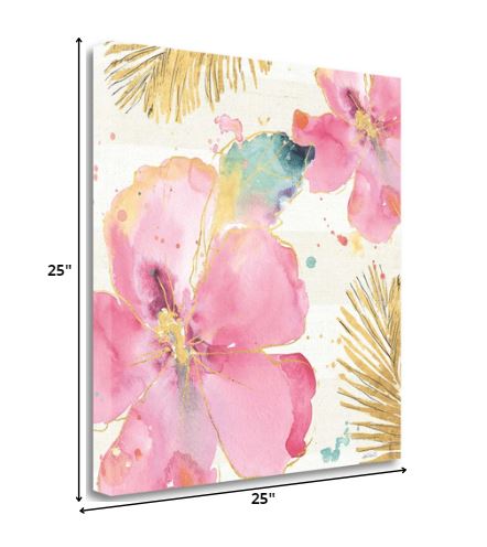 Watercolor Pink Hibiscus Flowers 3 Giclee Wrap Canvas Wall Art