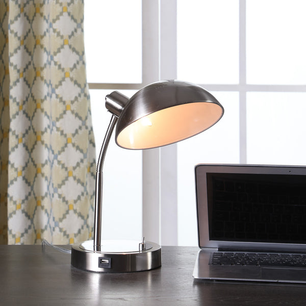 14” Modern Adjustable Silver Metal Desk Lamp with USB