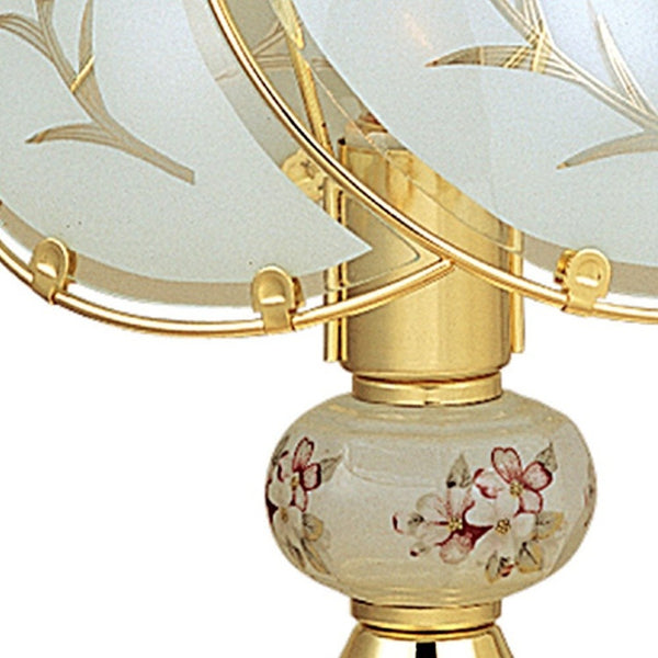 14” Stylish White And Gold Floral Glass Table Lamp