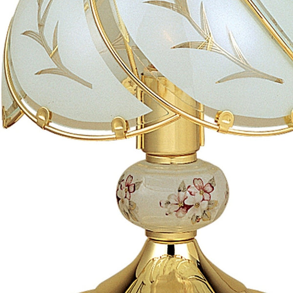 14” Stylish White And Gold Floral Glass Table Lamp