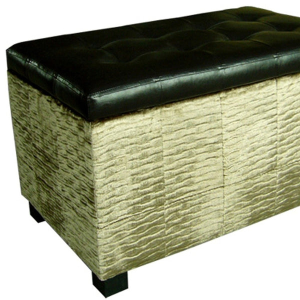 Wavy Beige Velvet and Black Faux Leather Storage Bench