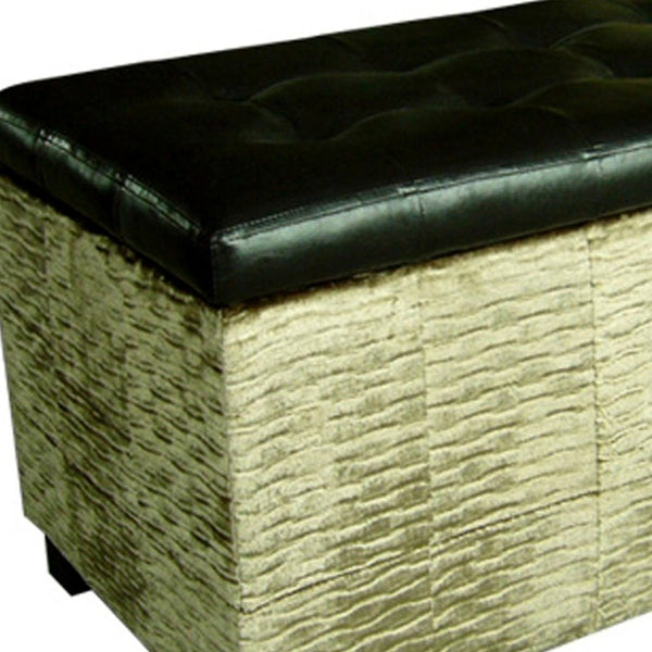 Wavy Beige Velvet and Black Faux Leather Storage Bench