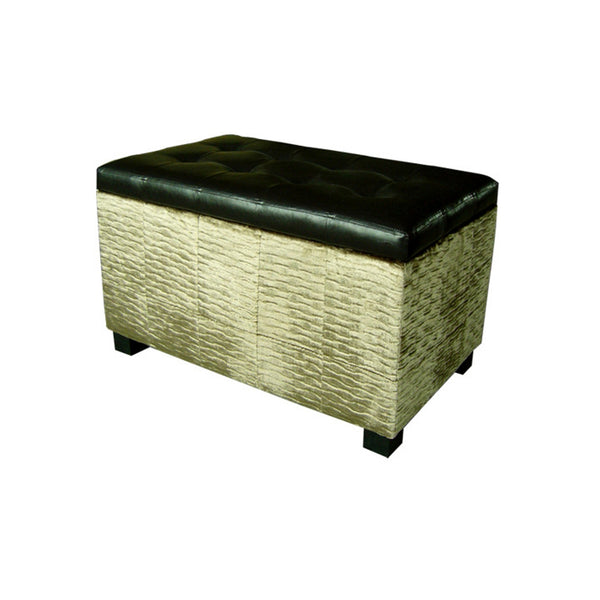 Wavy Beige Velvet and Black Faux Leather Storage Bench