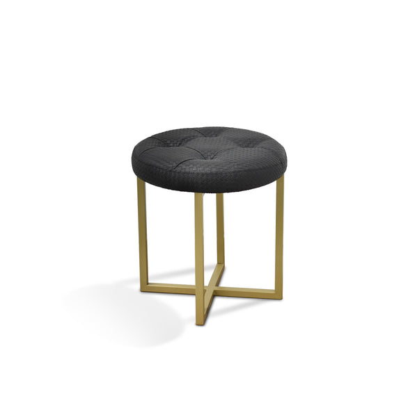 17" Black Tufted Faux Leather and Gold Stool