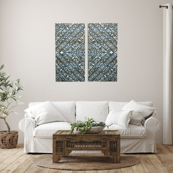 Two Piece Blue and Ivory Symmetry Medallion Wood Plank Wall Art