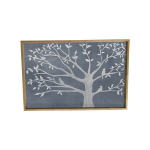 Pretty Gray and White Birds in Tree Framed Canvas Wall Art