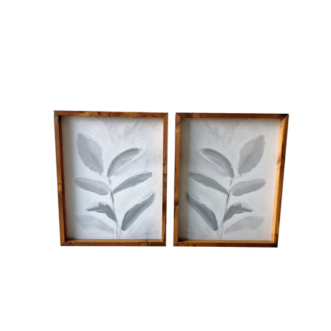 Set of Two Modern Blue Gray Leaves Framed Canvas Wall Art