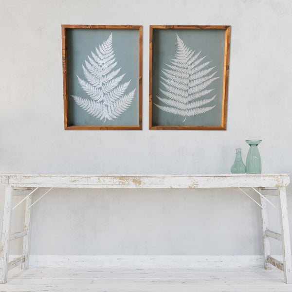 Set of Two Gray and White Fern Leaves Framed Canvas Wall Art