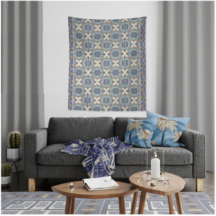 Indigo and Tan Quilt Pattern 80" x 68" Hanging Wall Tapestry