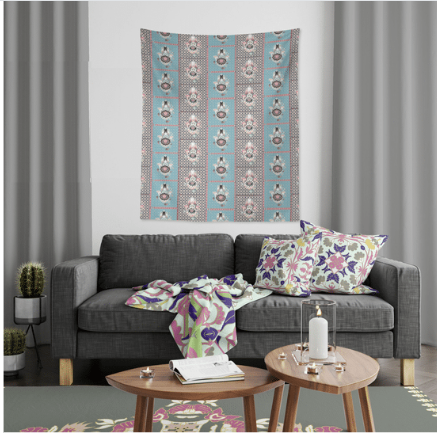 Grey and Blue Boho Hamsa Hand 80" x 68" Hanging Wall Tapestry